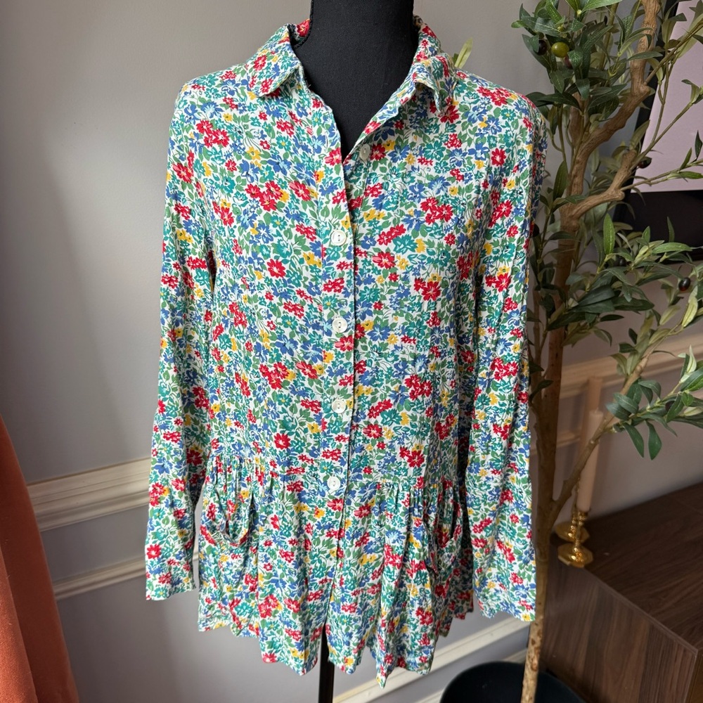 April Cornell Floral Button Front Peplum Tunic Blouse Cottagecore S